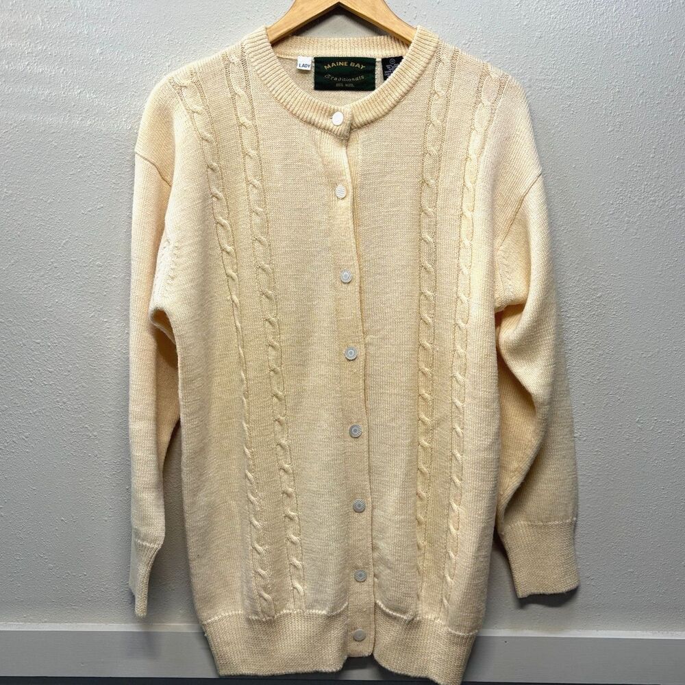 Vtg Maine Bay Traditionals Ivory Cream 100% Wool Button Up Cardigan Womens Sz 1x